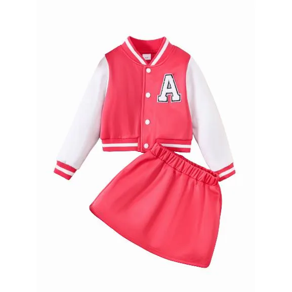 1-8Y Kid Toddler Girls Skirts Set  Baseball Jacket Elastic Skirt 2Pcs Spring Fall Clothing From 1-8Y Rose Red Catpapa 462307165