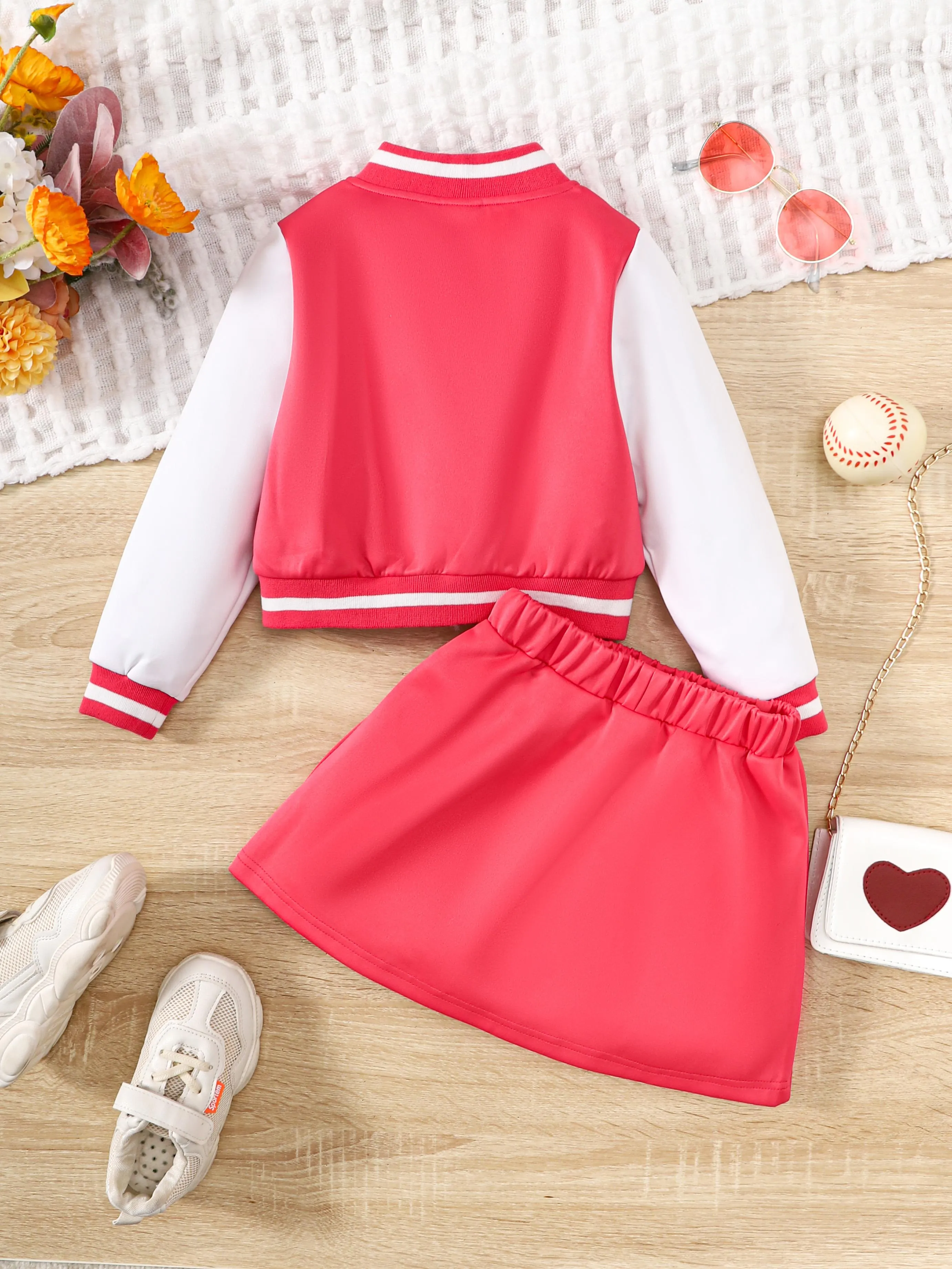 1-8Y Kid Toddler Girls Skirts Set  Baseball Jacket Elastic Skirt 2Pcs Spring Fall Clothing From 1-8Y Rose Red Catpapa 462307165