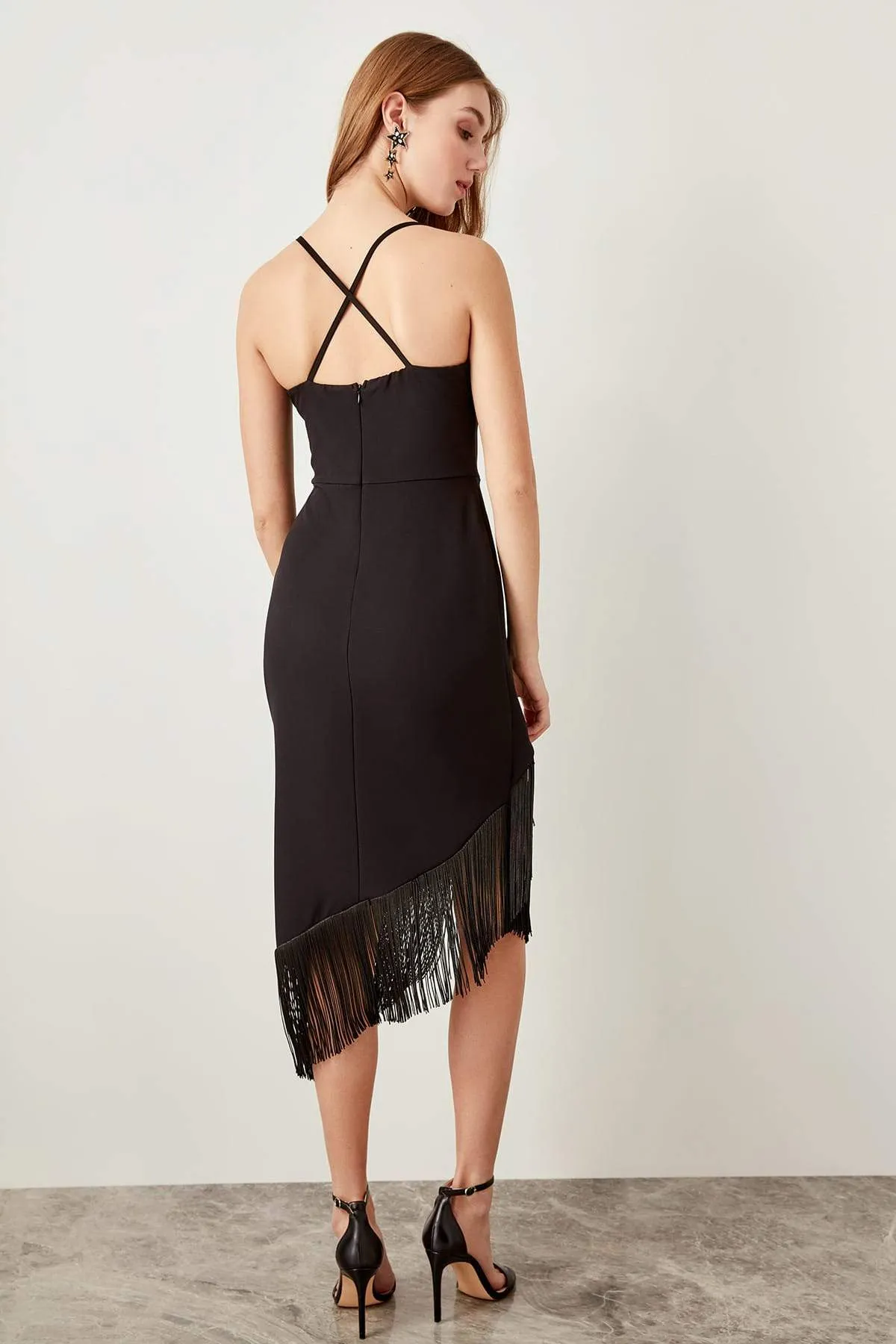 10859 Black Back Strap Asymmetrical Tassel Dress