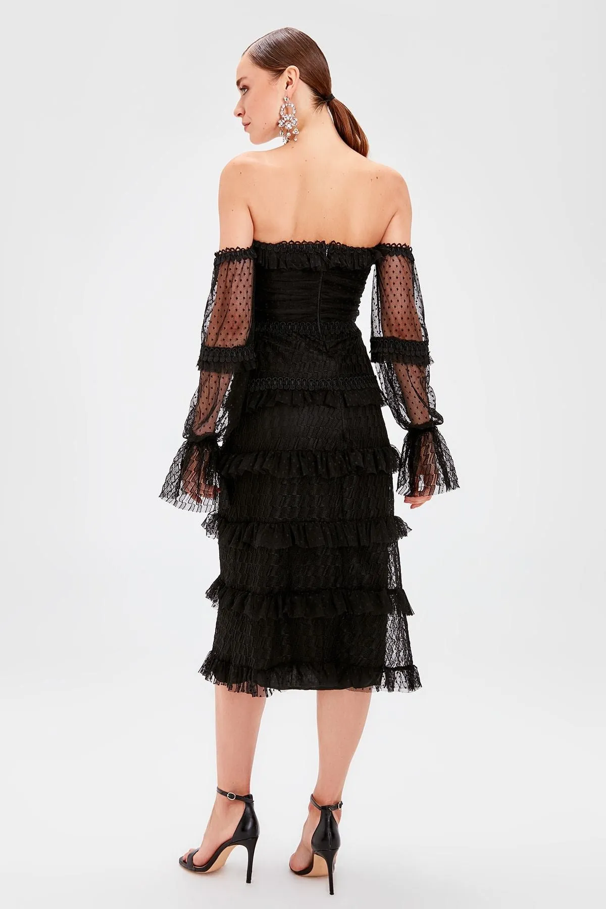 10866 Black Off-Shoulder Tiered Lace Tulle Dress