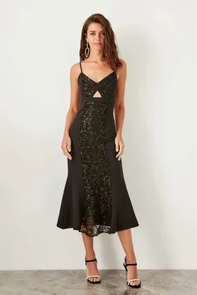 10880 Black Cutout Sequin Lace Strap Dress