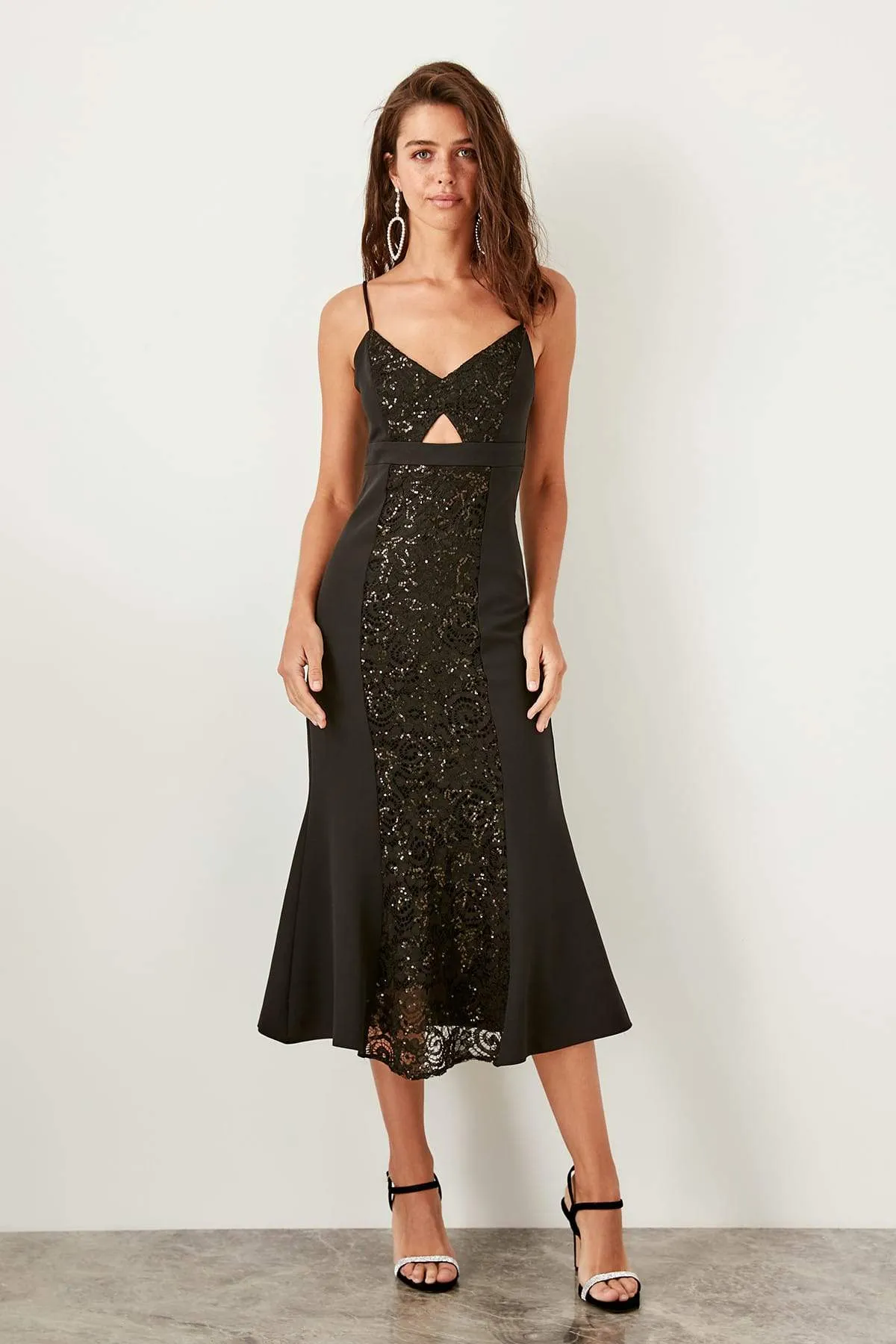 10880 Black Cutout Sequin Lace Strap Dress