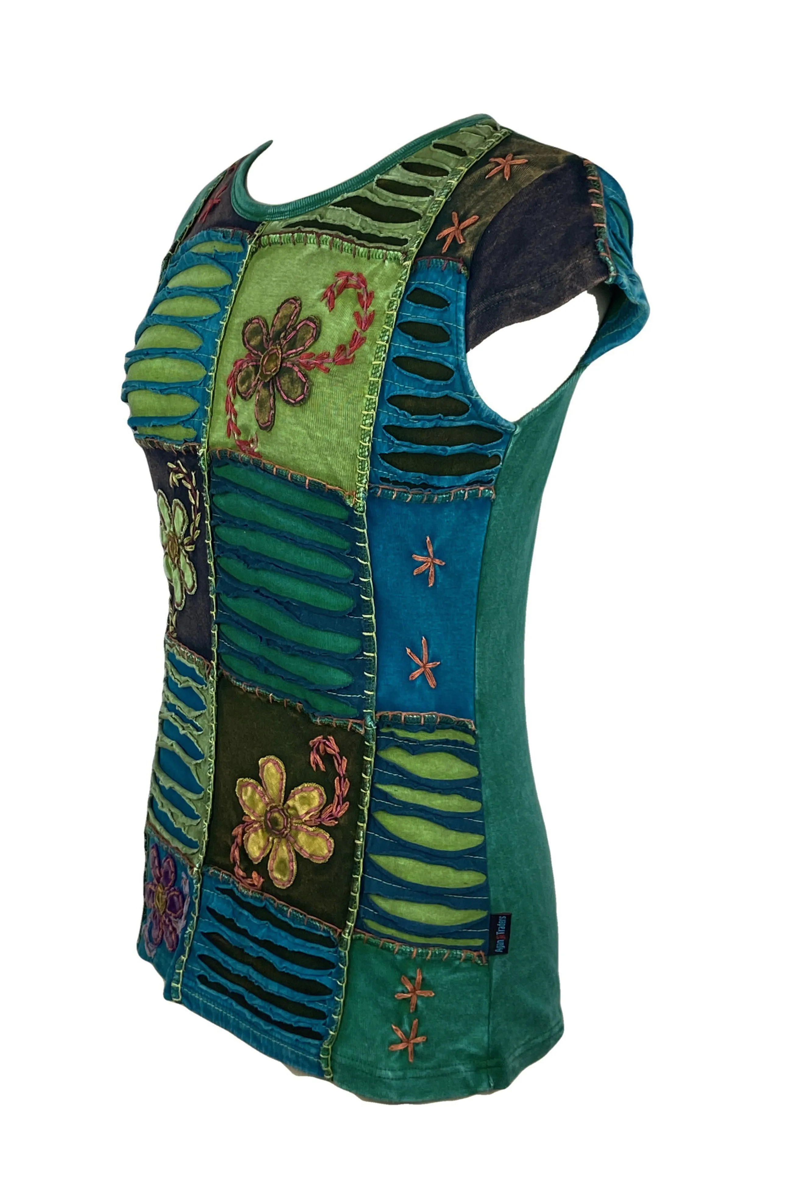 121 RB Knit Cotton Boho Razor Cut Embroidered Cap Sleeve Tank Top Blouses