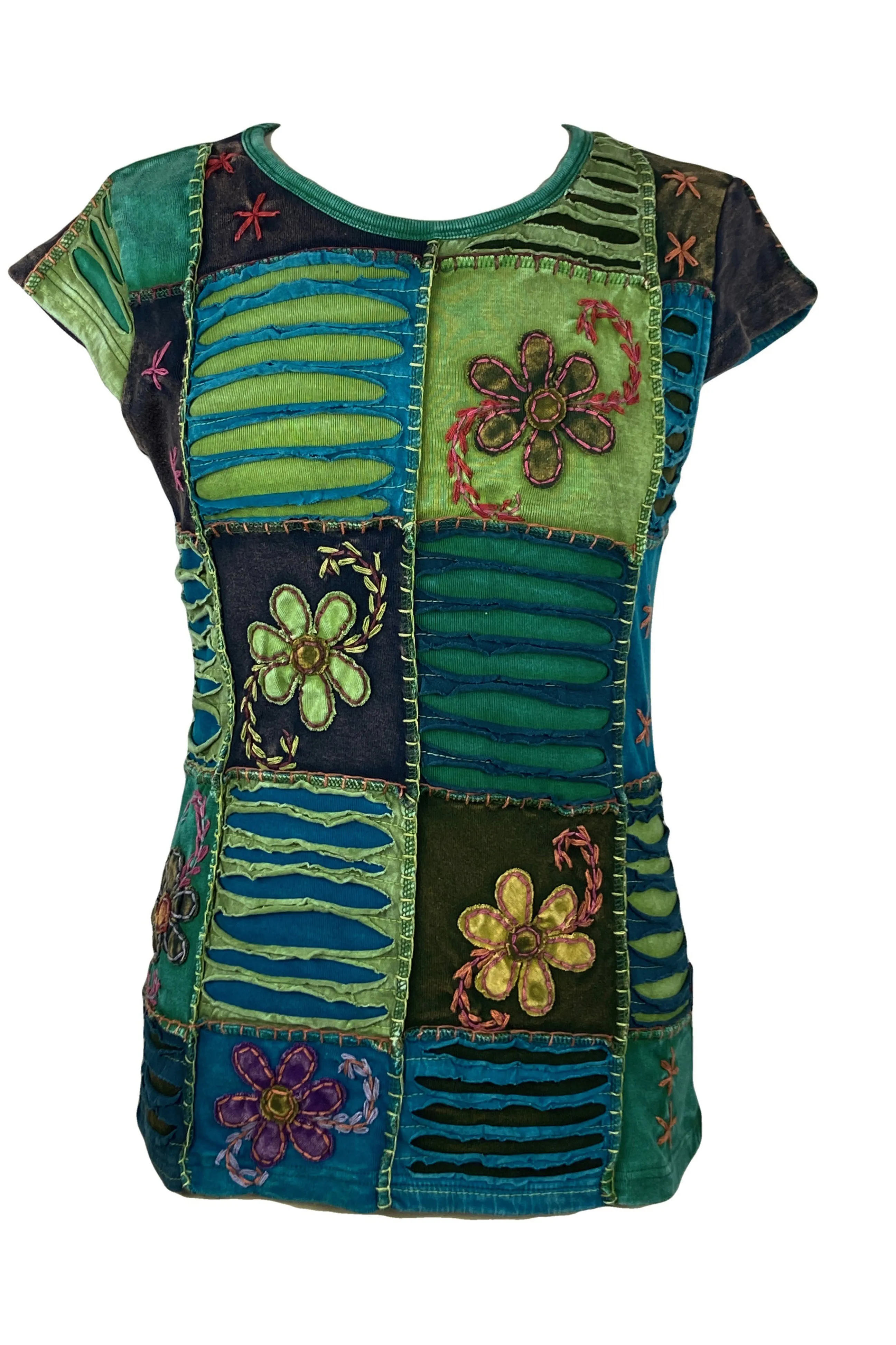 121 RB Knit Cotton Boho Razor Cut Embroidered Cap Sleeve Tank Top Blouses