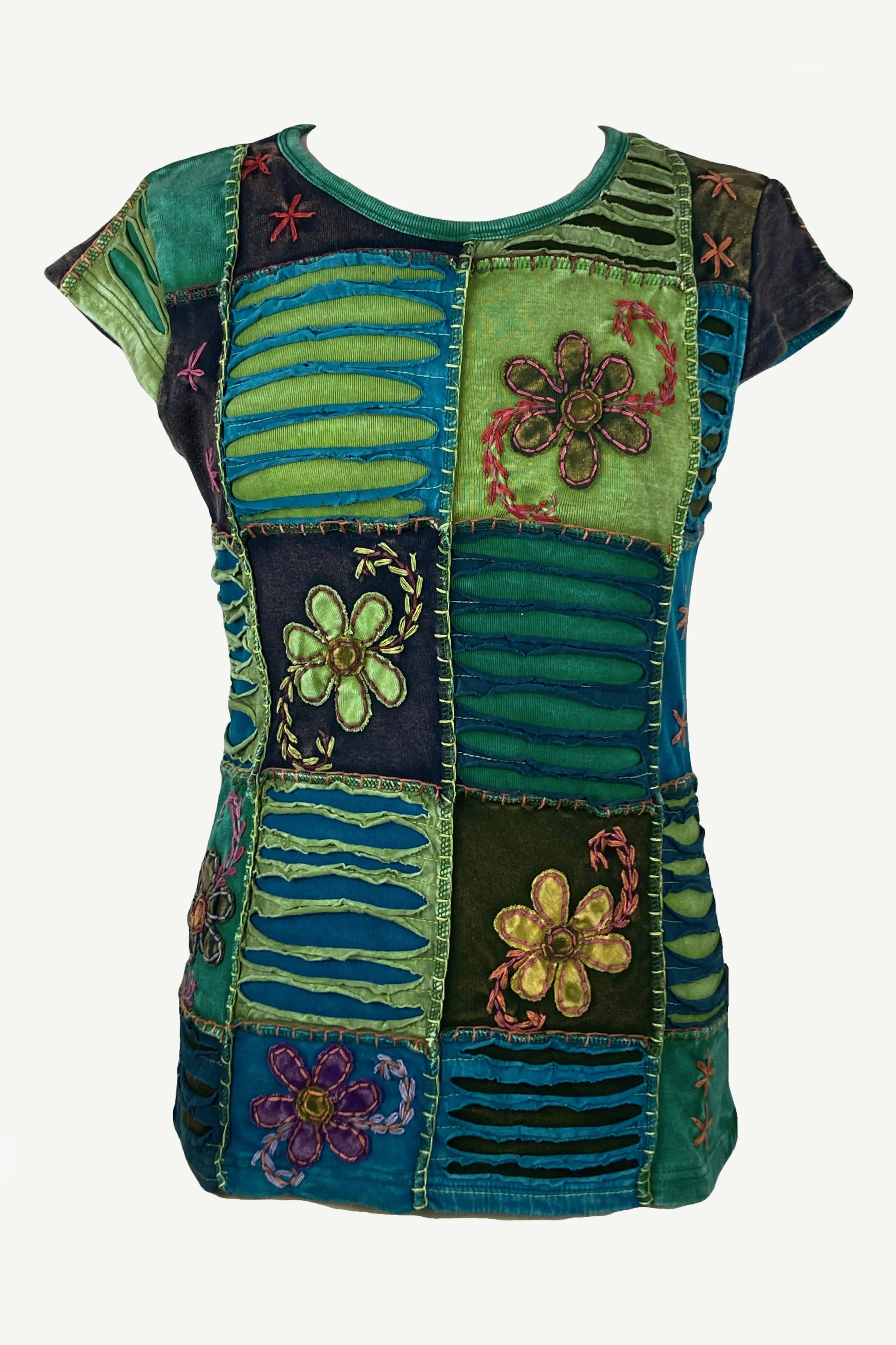 121 RB Knit Cotton Boho Razor Cut Embroidered Cap Sleeve Tank Top Blouses