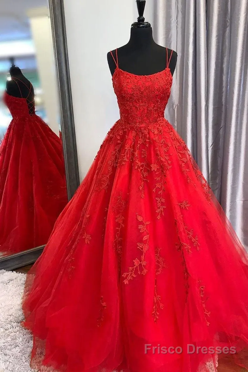 A Line Tulle Yellow Spaghetti Straps Prom Dresses With Appliques Party Dresses