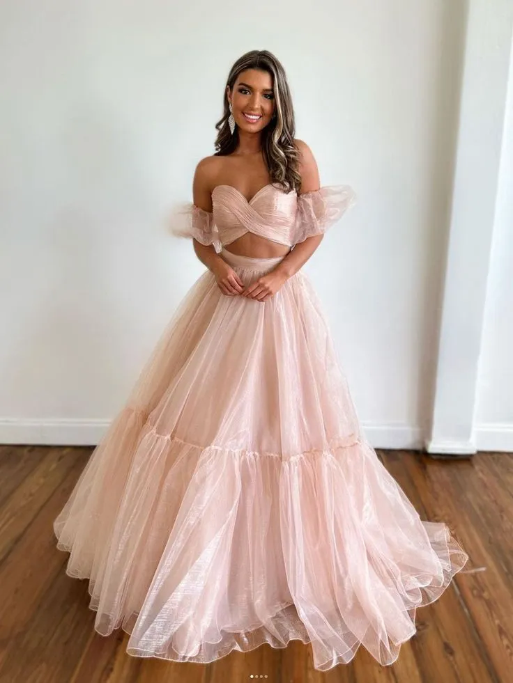 A-Line Two Pieces Tulle Long Prom Dress Formal Evening Dress,DP0139