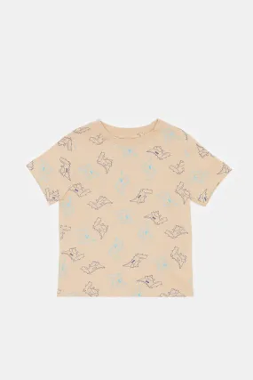 Baby Boys Beige Dino Printed T-Shirt