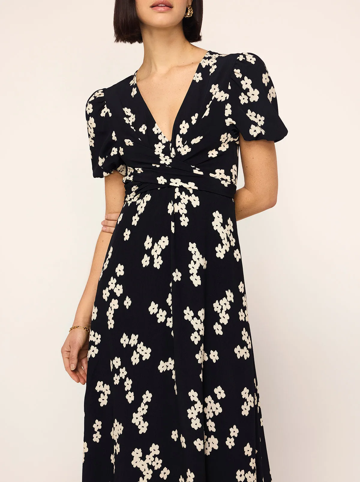 Bernice Black Blurred Floral Print Midi Dress