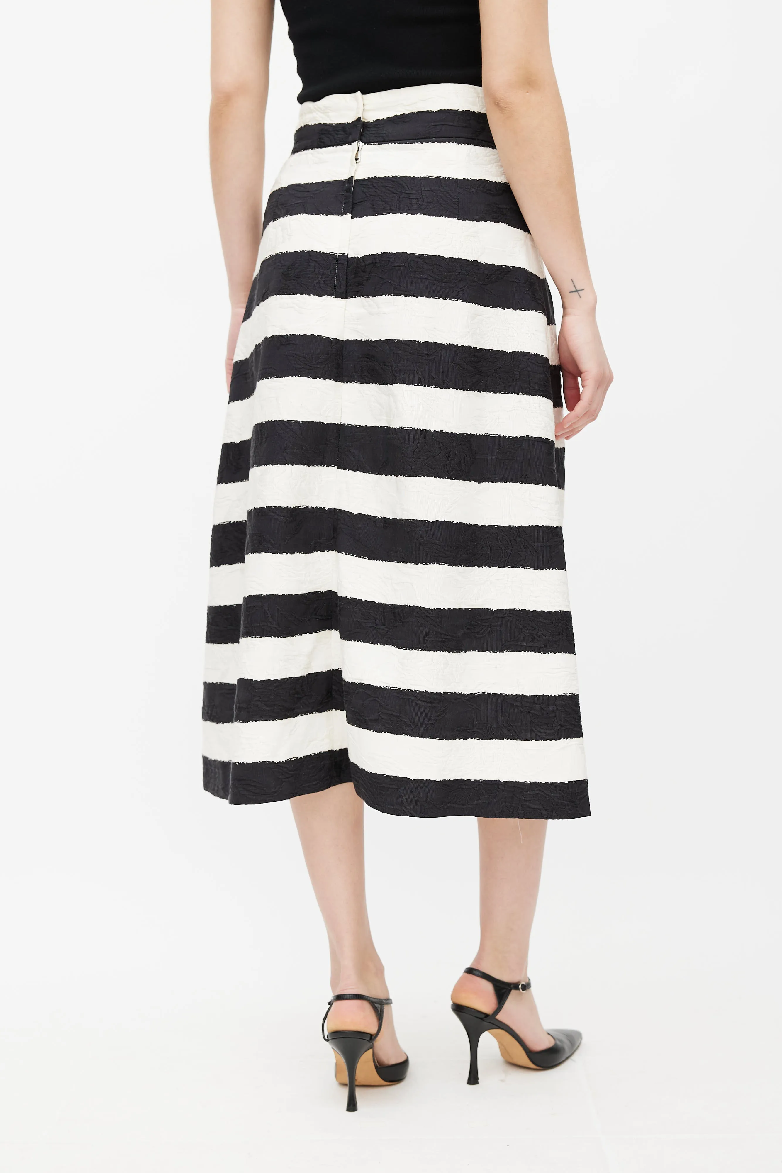 Black & White Floral Jacquard Striped Skirt