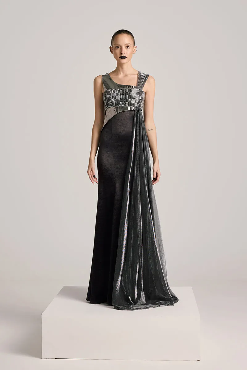 BLACK SEQUIN BUSTIER ASYMMETRIC GOWN