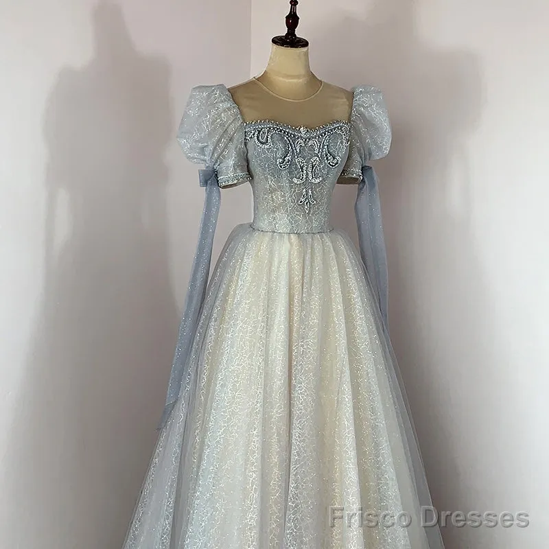 Blue And Champagne Tulle Beaded Shiny Tulle Prom Dresses, A-Line Long Party Dresses