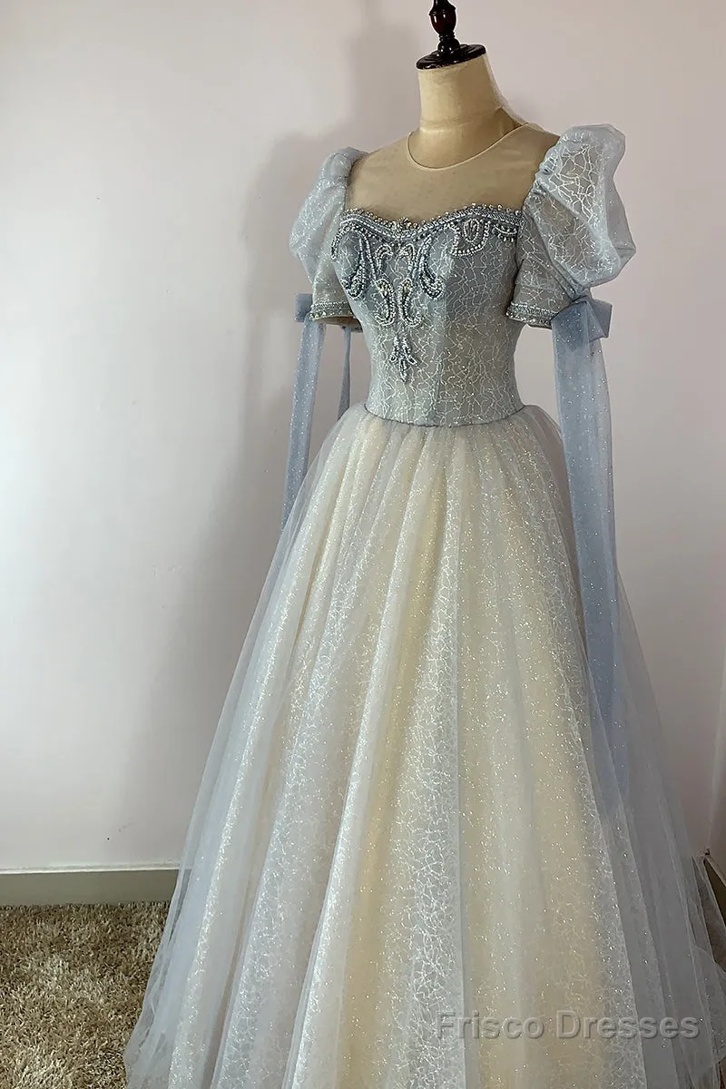 Blue And Champagne Tulle Beaded Shiny Tulle Prom Dresses, A-Line Long Party Dresses