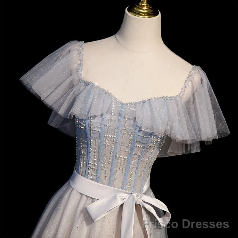 Blue And Pink Beaded Tulle Lovely A-Line Long Party Dress, Tulle Evening Dresses Prom Dresses