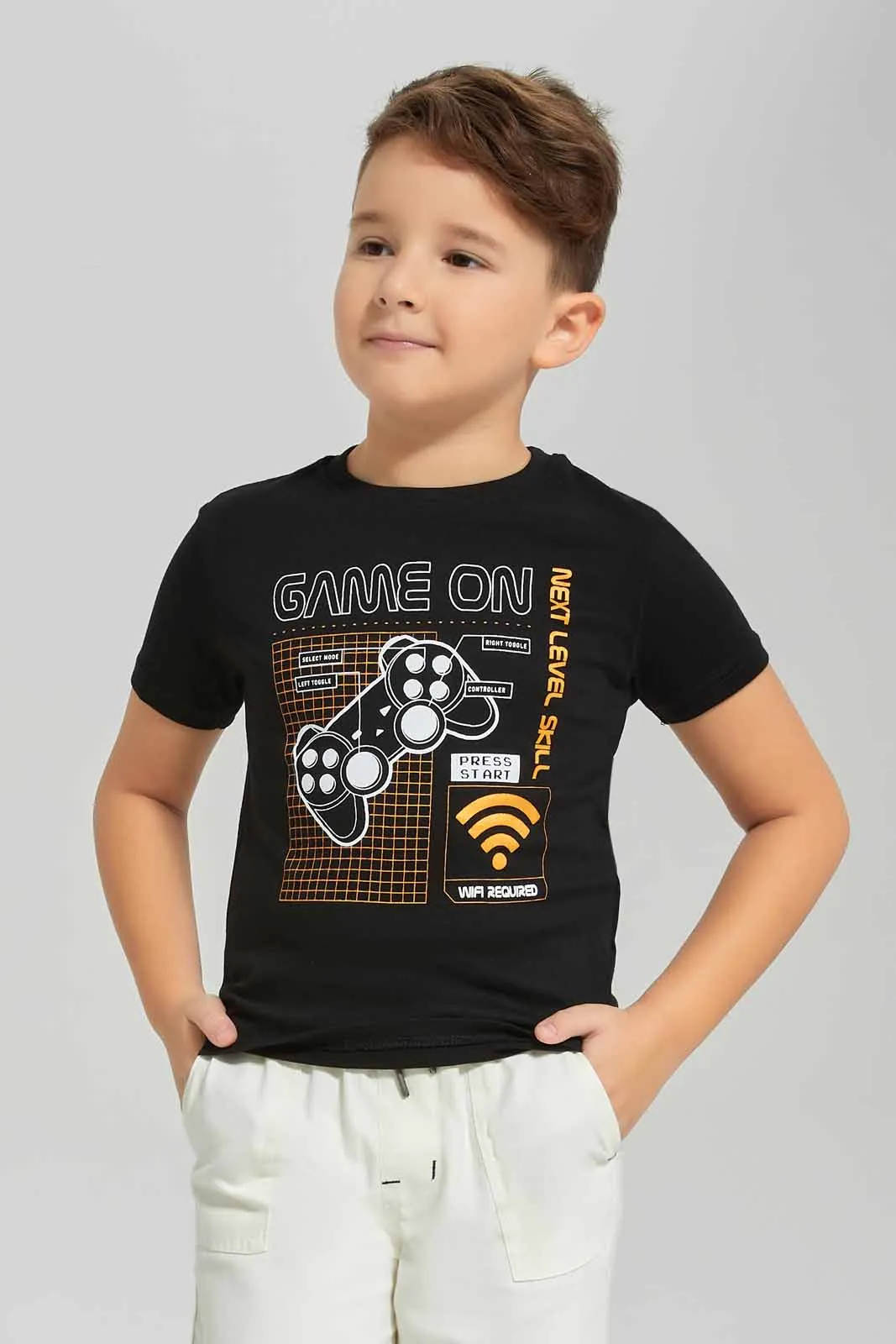 Boys Black Game On Print T-Shirt