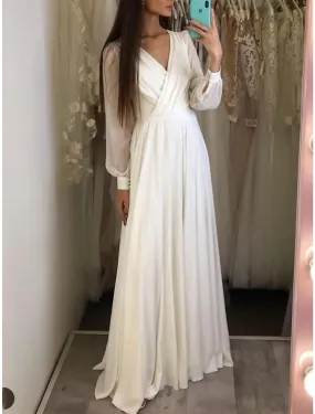 Casual Wedding Dresses A-Line V Neck Long Sleeve Sweep / Brush Train Chiffon Bridal Gowns With Pleats Solid Color