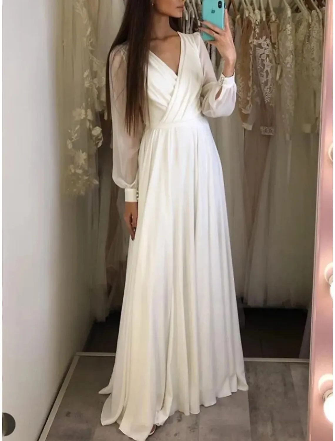 Casual Wedding Dresses A-Line V Neck Long Sleeve Sweep / Brush Train Chiffon Bridal Gowns With Pleats Solid Color