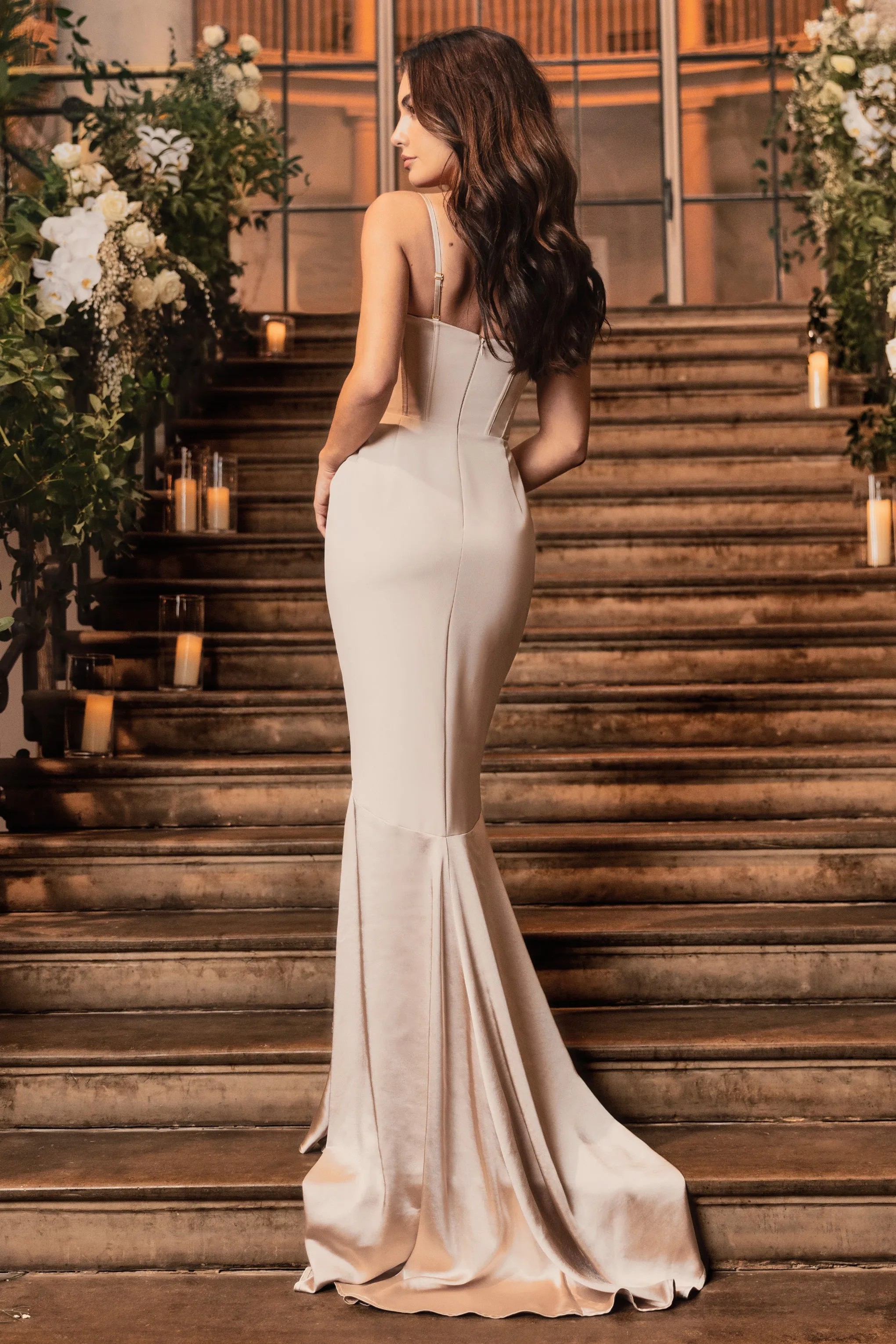 Custom | Champagne Satin Sweetheart Corset Fishtail Maxi Dress