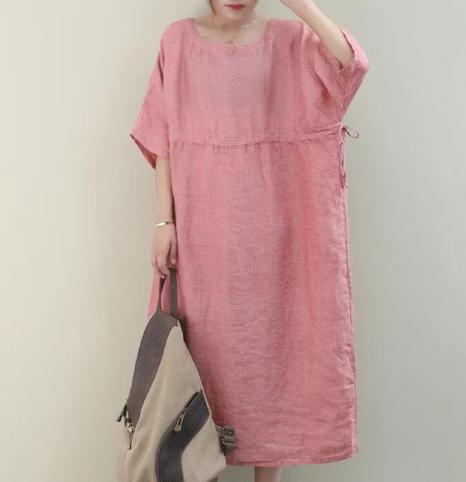 Draw String O Neck Women Dresses Casual Linen Women Dresses Bat Short Sleeve SSM97215
