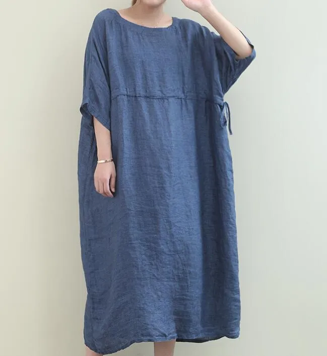 Draw String O Neck Women Dresses Casual Linen Women Dresses Bat Short Sleeve SSM97215