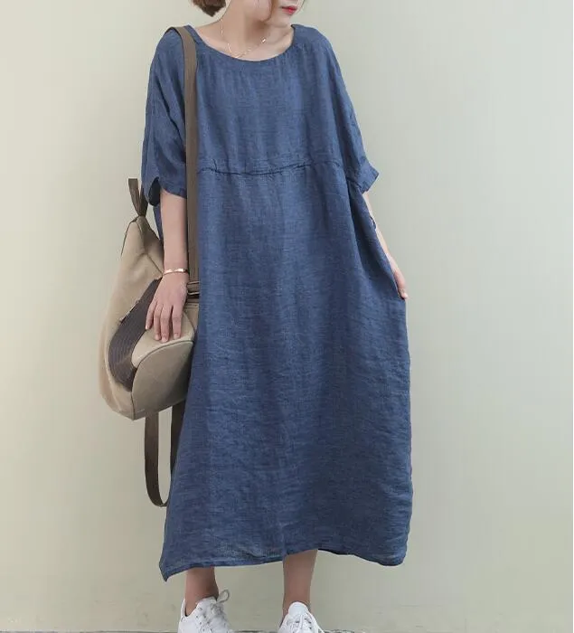 Draw String O Neck Women Dresses Casual Linen Women Dresses Bat Short Sleeve SSM97215