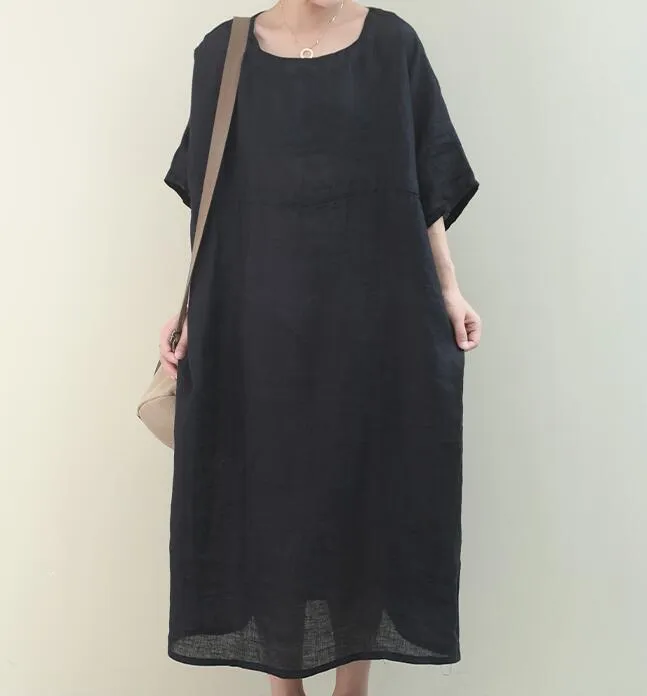 Draw String O Neck Women Dresses Casual Linen Women Dresses Bat Short Sleeve SSM97215