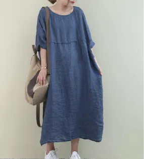 Draw String O Neck Women Dresses Casual Linen Women Dresses Bat Short Sleeve SSM97215
