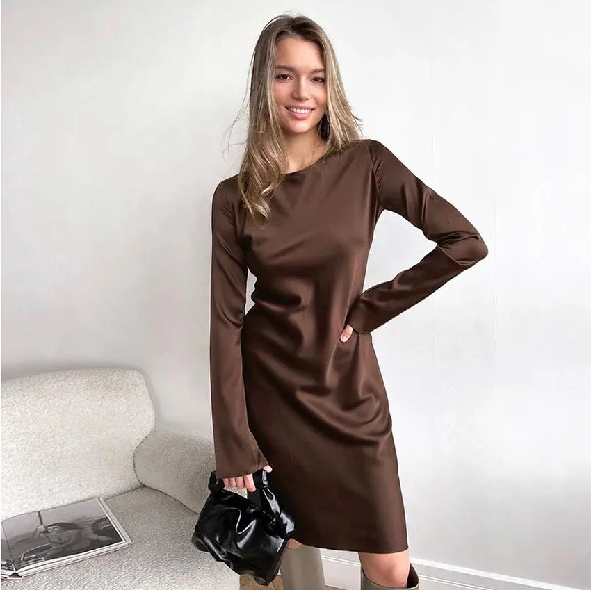 Early Spring Elegant Flare Sleeve Design Satin Dress High Waist A Line Christmas Dress