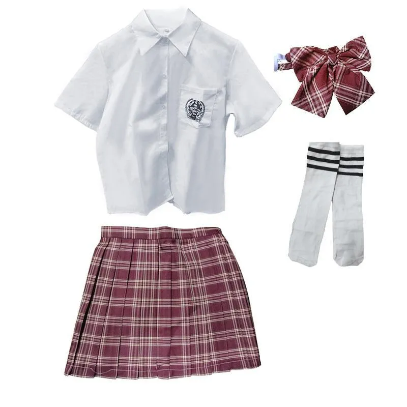 Girls Red Tartan Plaid Pleated Skirt Uniform Set