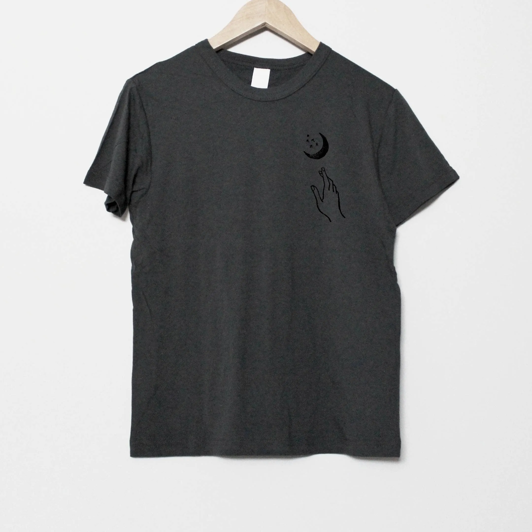 Hand and moon t-shirt, UNISEX hand printed shirt, minimalist half moon, lino block print, hand stamped celestial design, ethical fashion