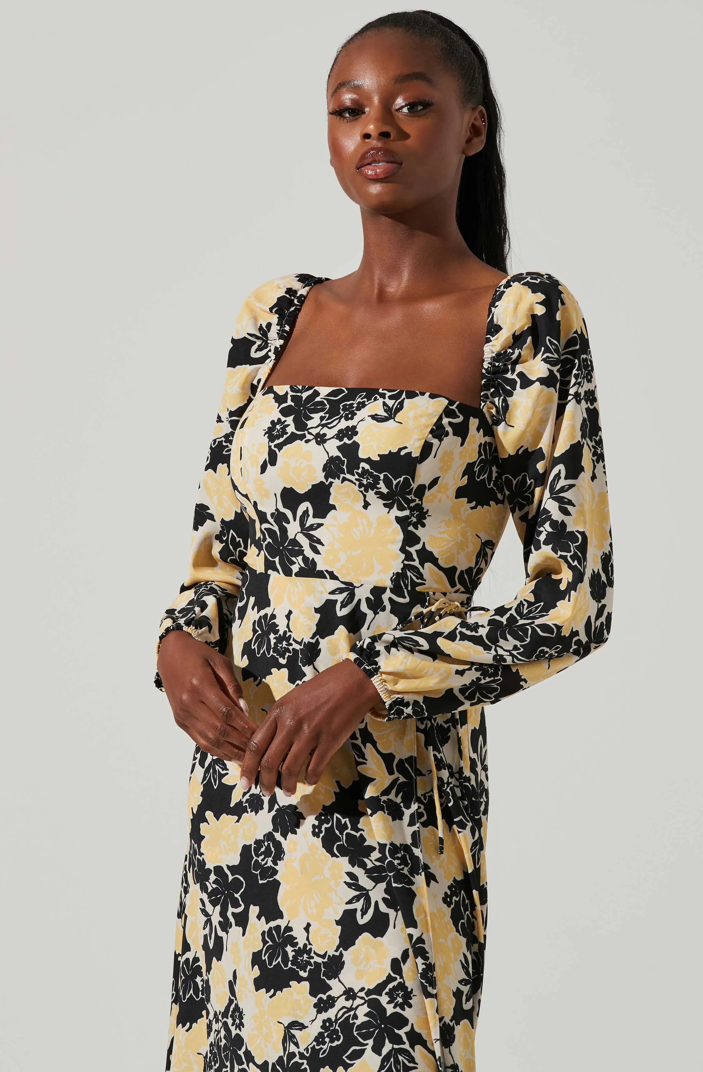 Hayden Floral Square Neck Tie Waist Midi Dress