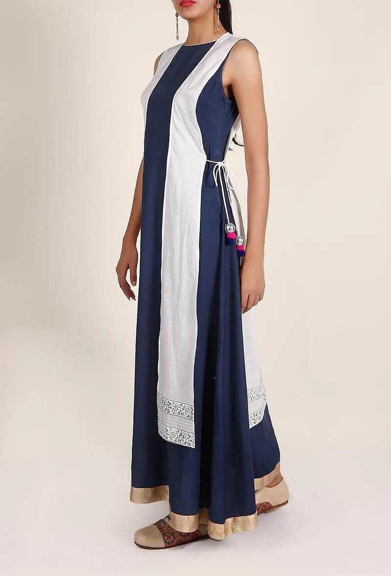 Imperial Blue Rayon Maxi Dress With White Cotton Tie Up Overlay Set Featuring Floral Block Printing Set
