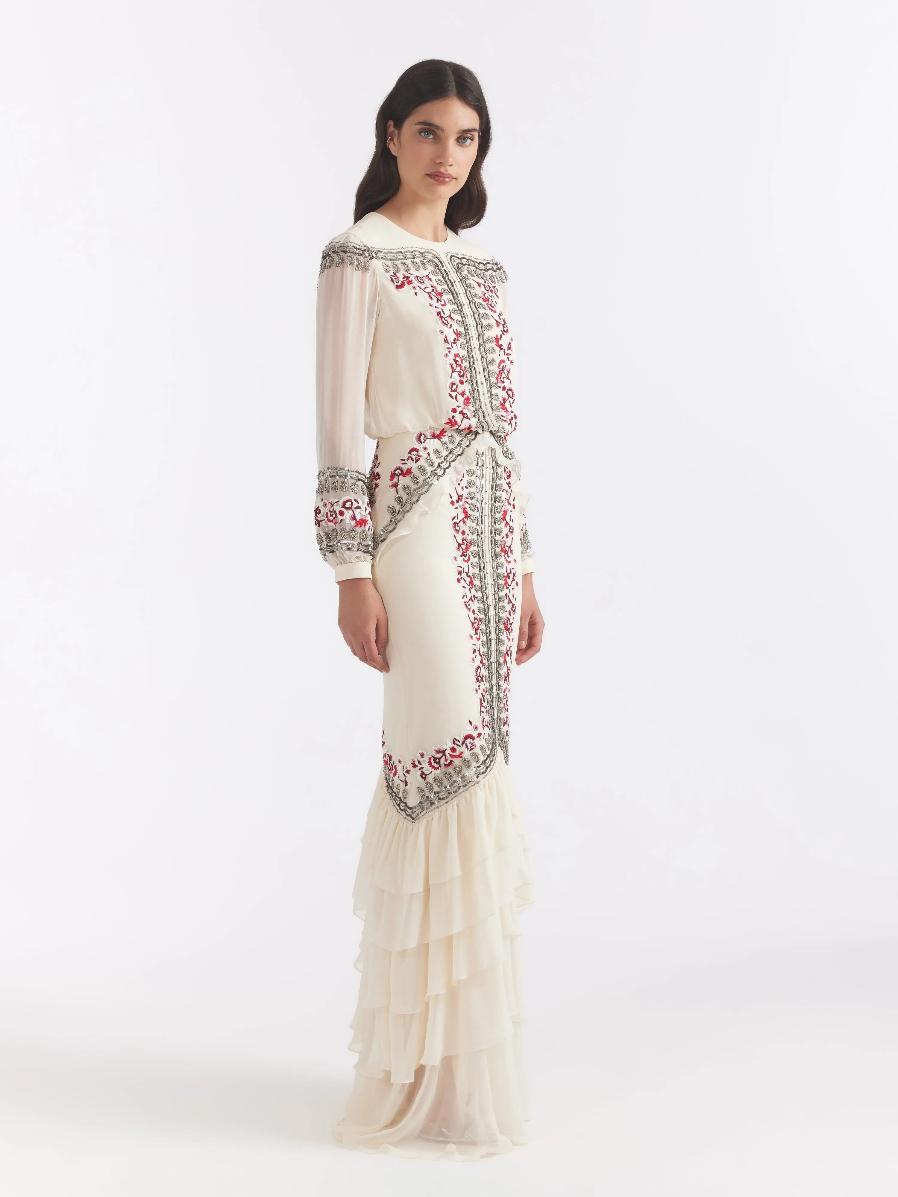 Isa Long C Dress Cream Botanic Embroidery