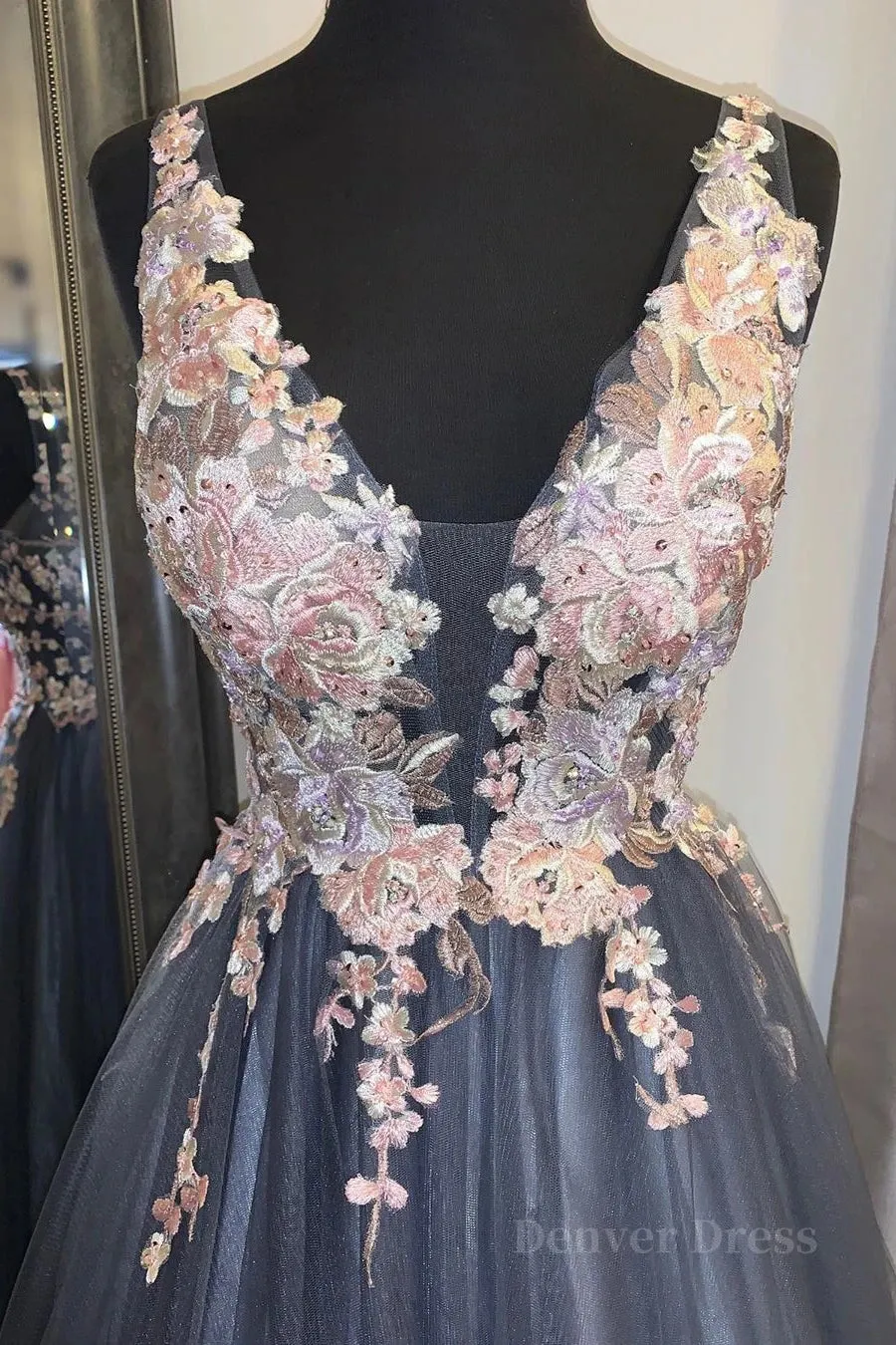 kamahe A Line V Neck Smoke Blue Long Prom Dress with Lace Appliques, Floral Smoke Blue Formal Graduation Evening Dress
