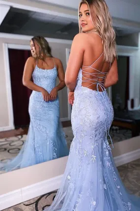 kamahe Blue Lace Mermaid Backless Prom Formal Dress