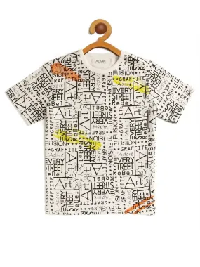 Kids White and Black Graphic Printed Round Neck Cotton T-shirt