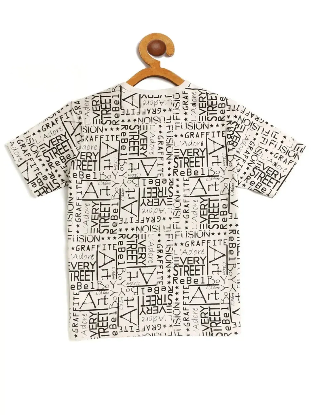 Kids White and Black Graphic Printed Round Neck Cotton T-shirt