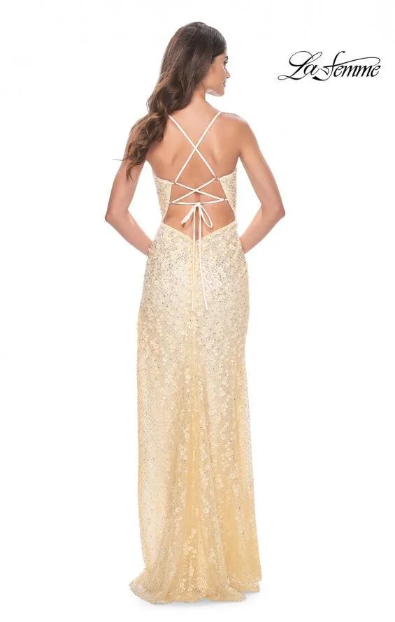 La Femme 31993 Stone Pattern with Slit Dress