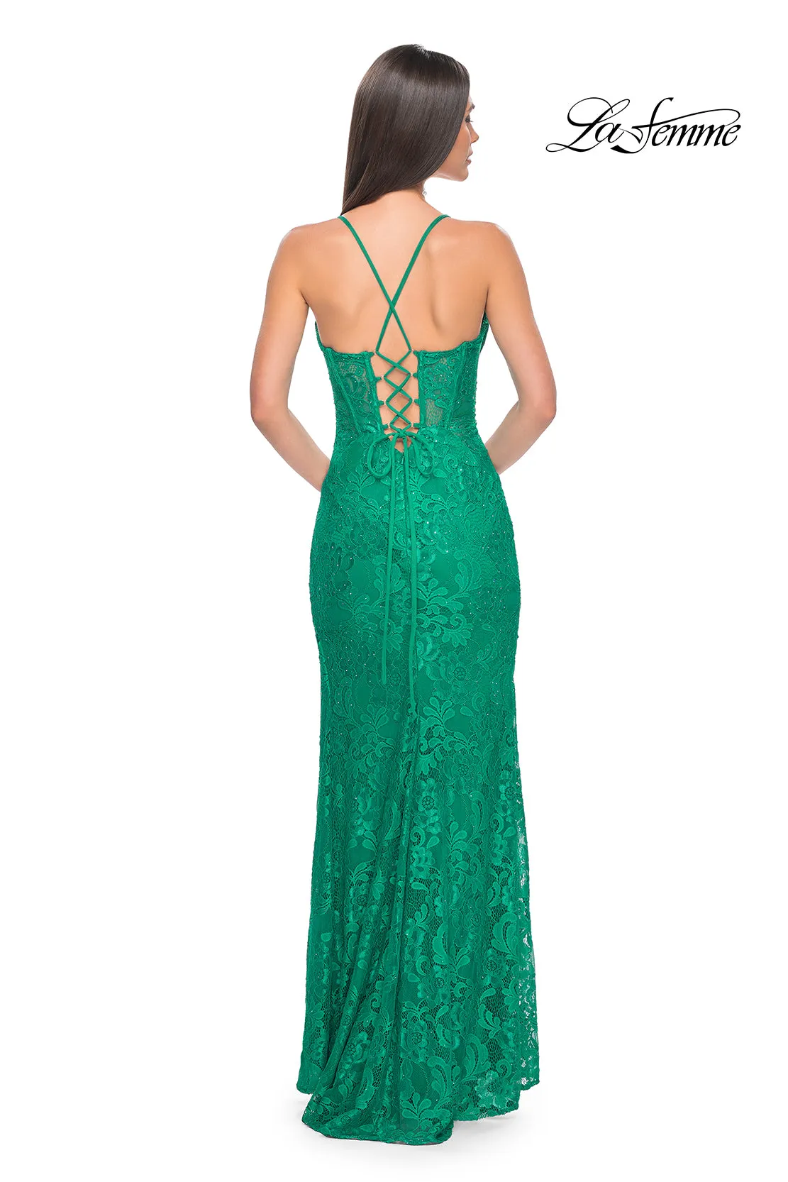 La Femme 32248 Stretch Lace Bustier Gown With Leg Slit | Multiple Colors