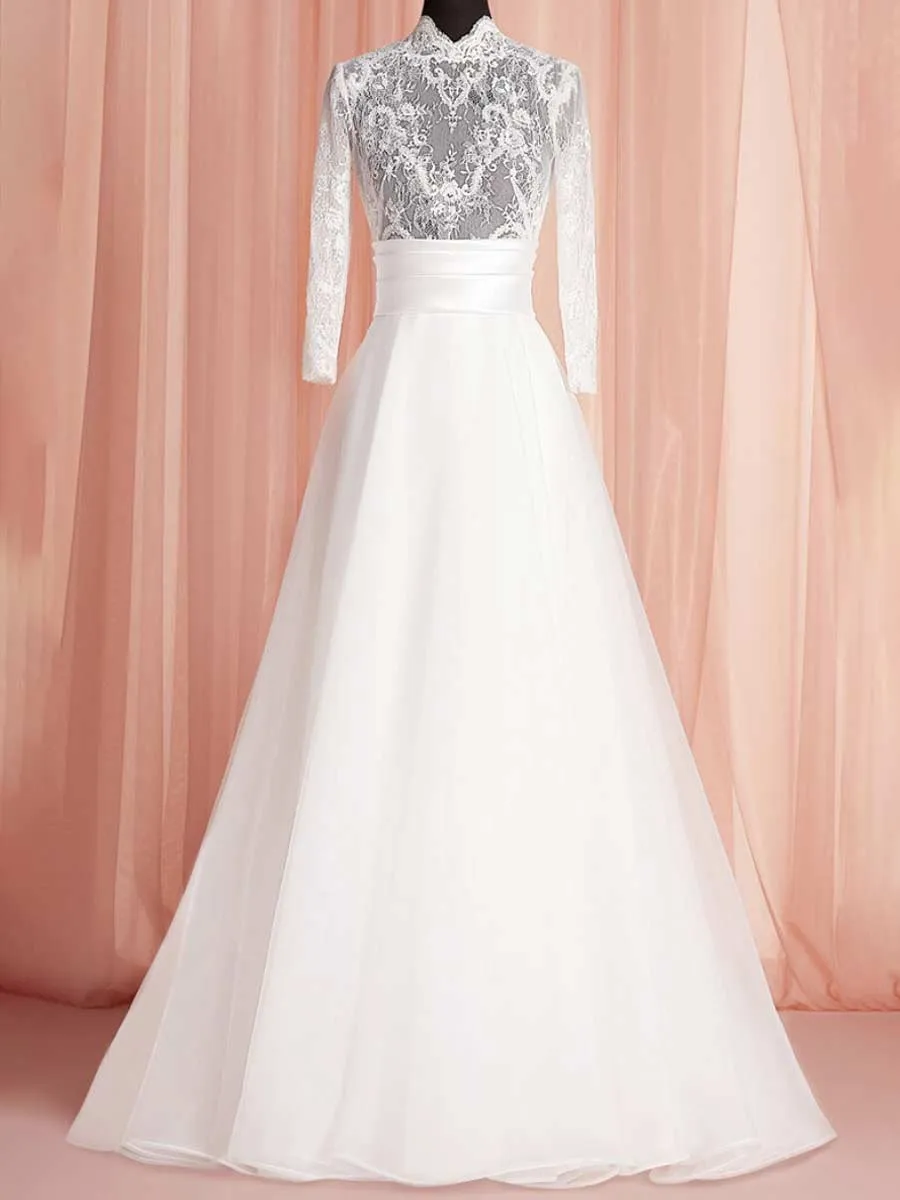Lace Wedding Dress With 3/4 Sleeves A Line High Neck