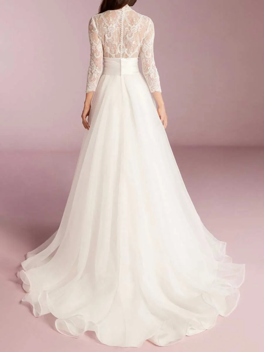 Lace Wedding Dress With 3/4 Sleeves A Line High Neck