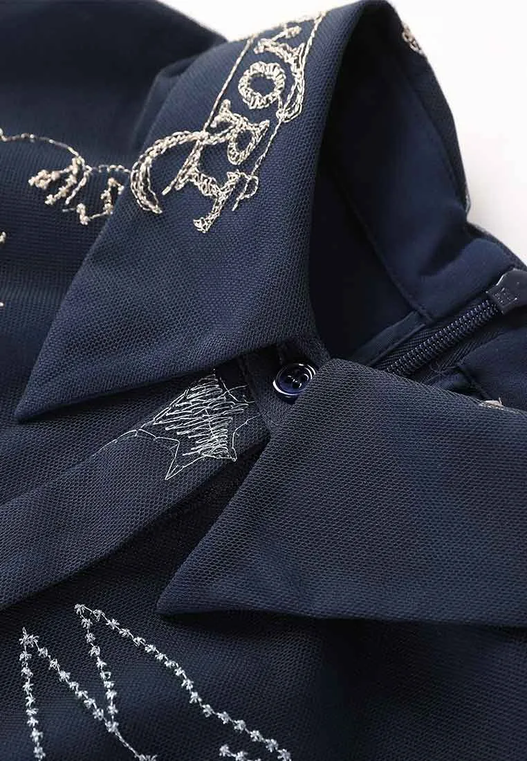 Layered Dark Blue Embroidered Organza Cocktail Dress