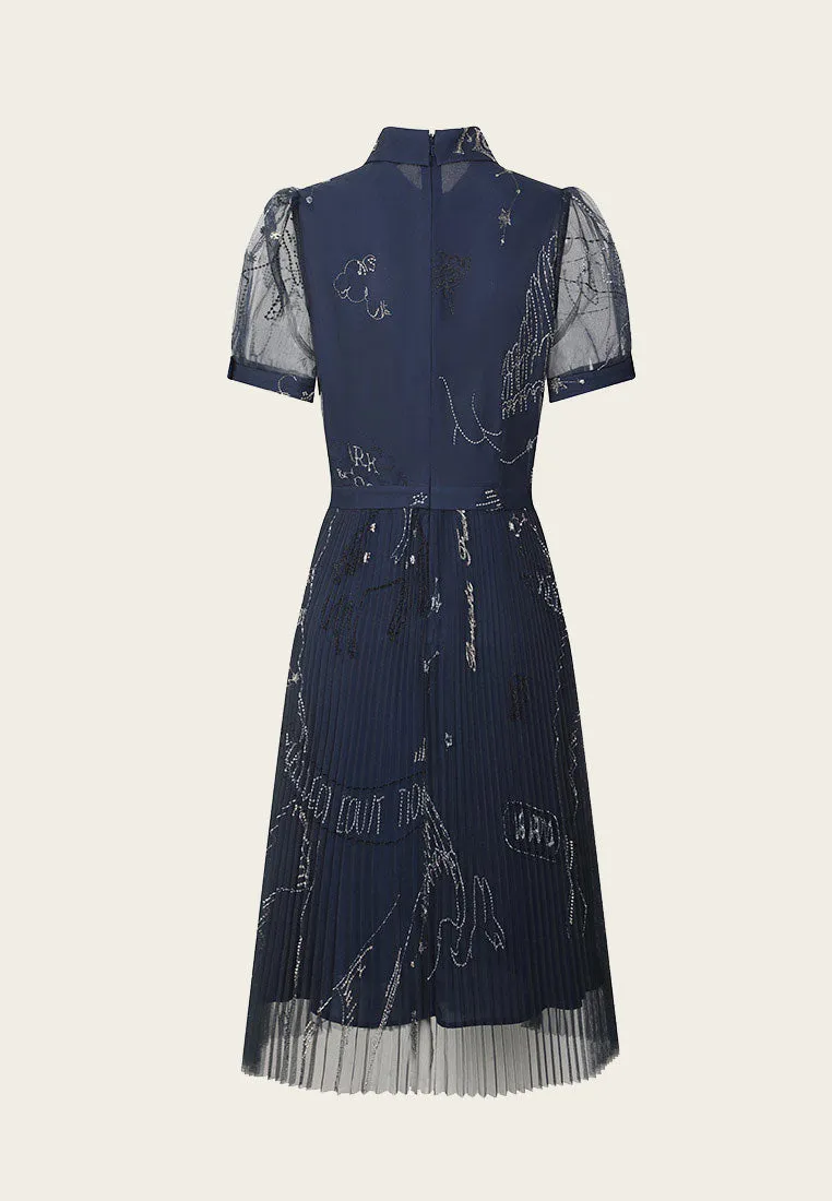 Layered Dark Blue Embroidered Organza Cocktail Dress