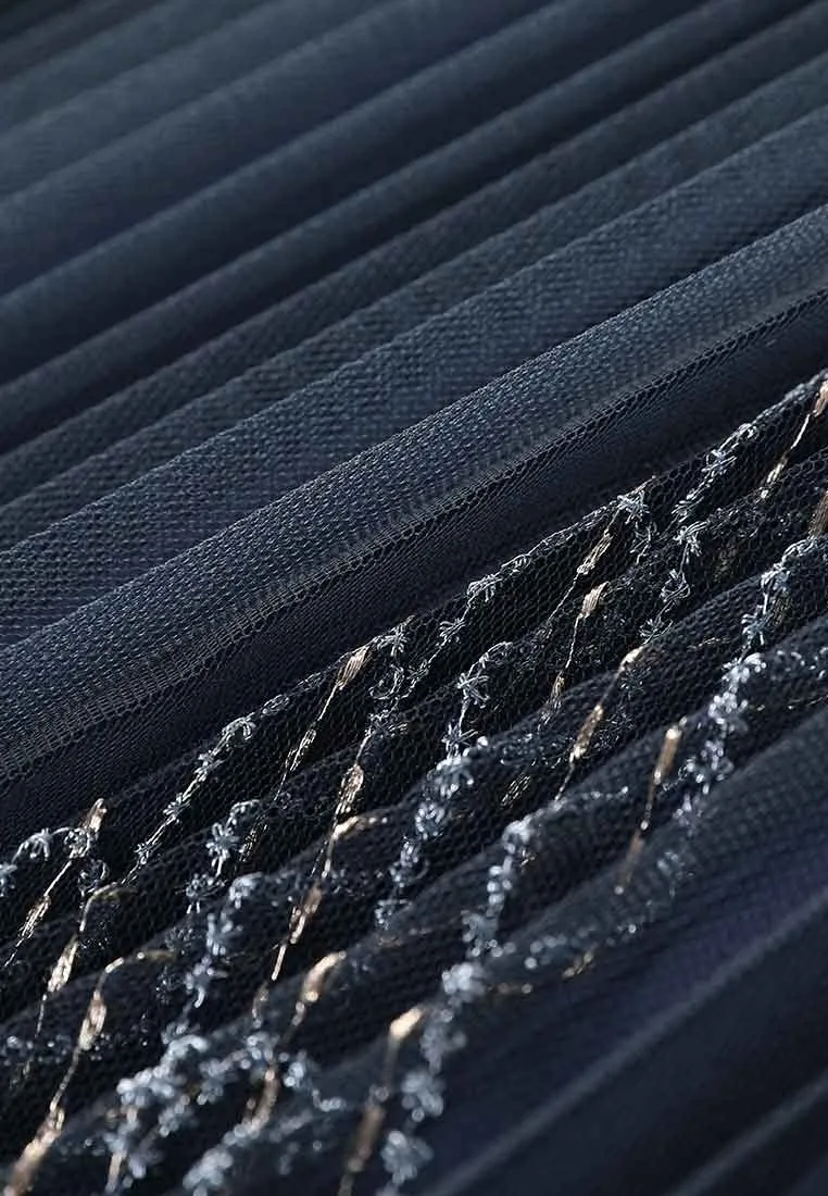 Layered Dark Blue Embroidered Organza Cocktail Dress