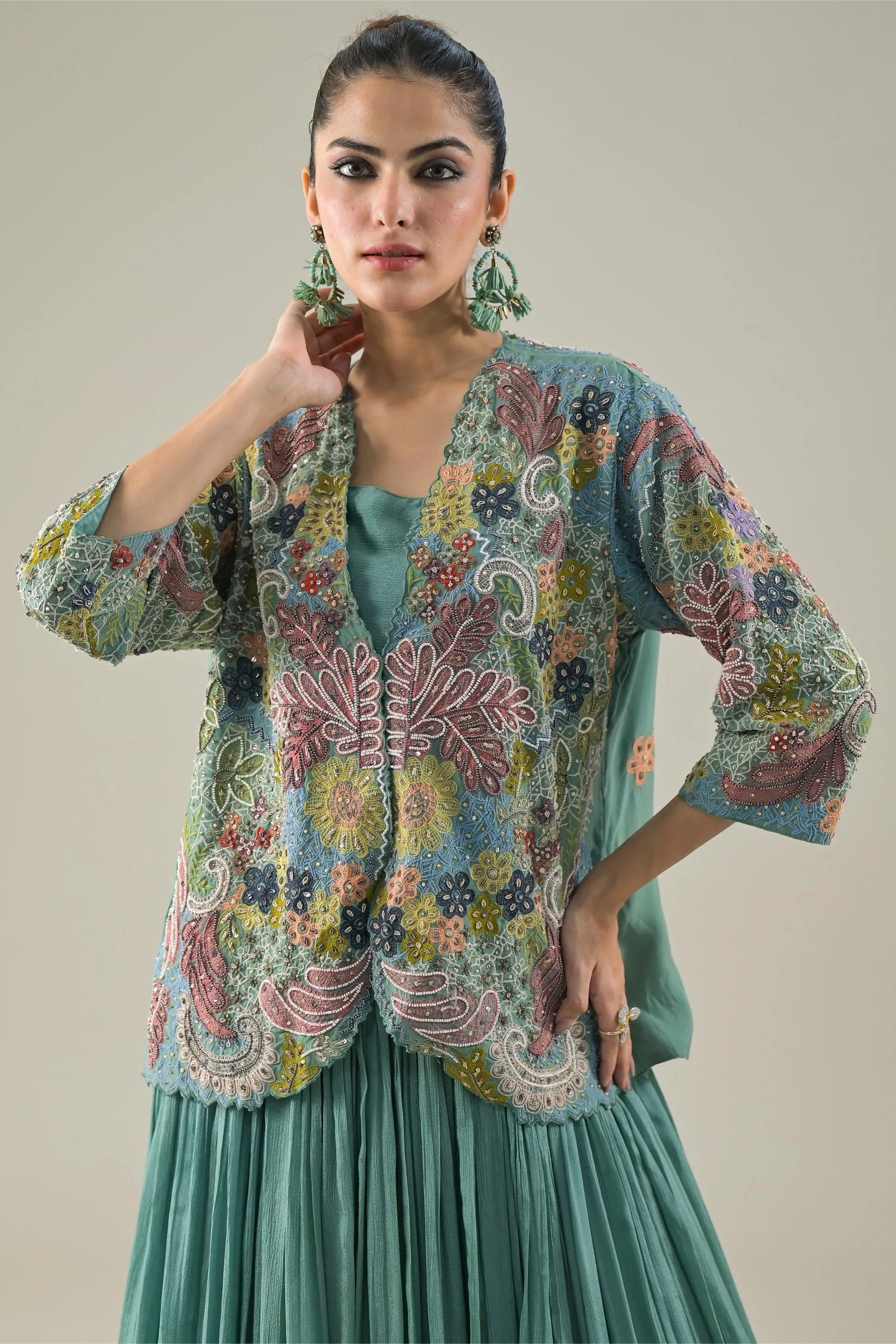 Light Turquoise Embroidered Organza Silk Jacket-Skirt Set