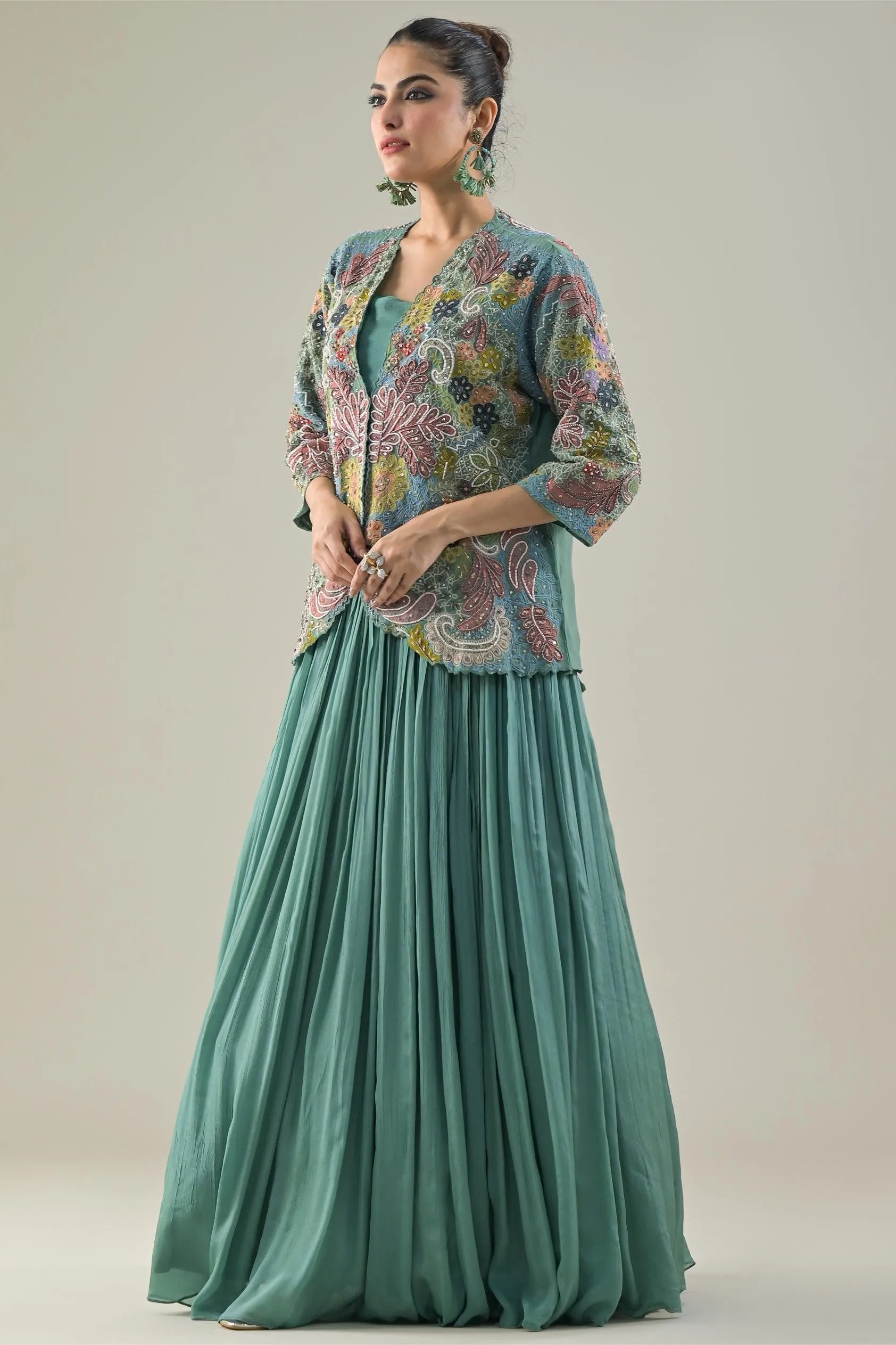 Light Turquoise Embroidered Organza Silk Jacket-Skirt Set