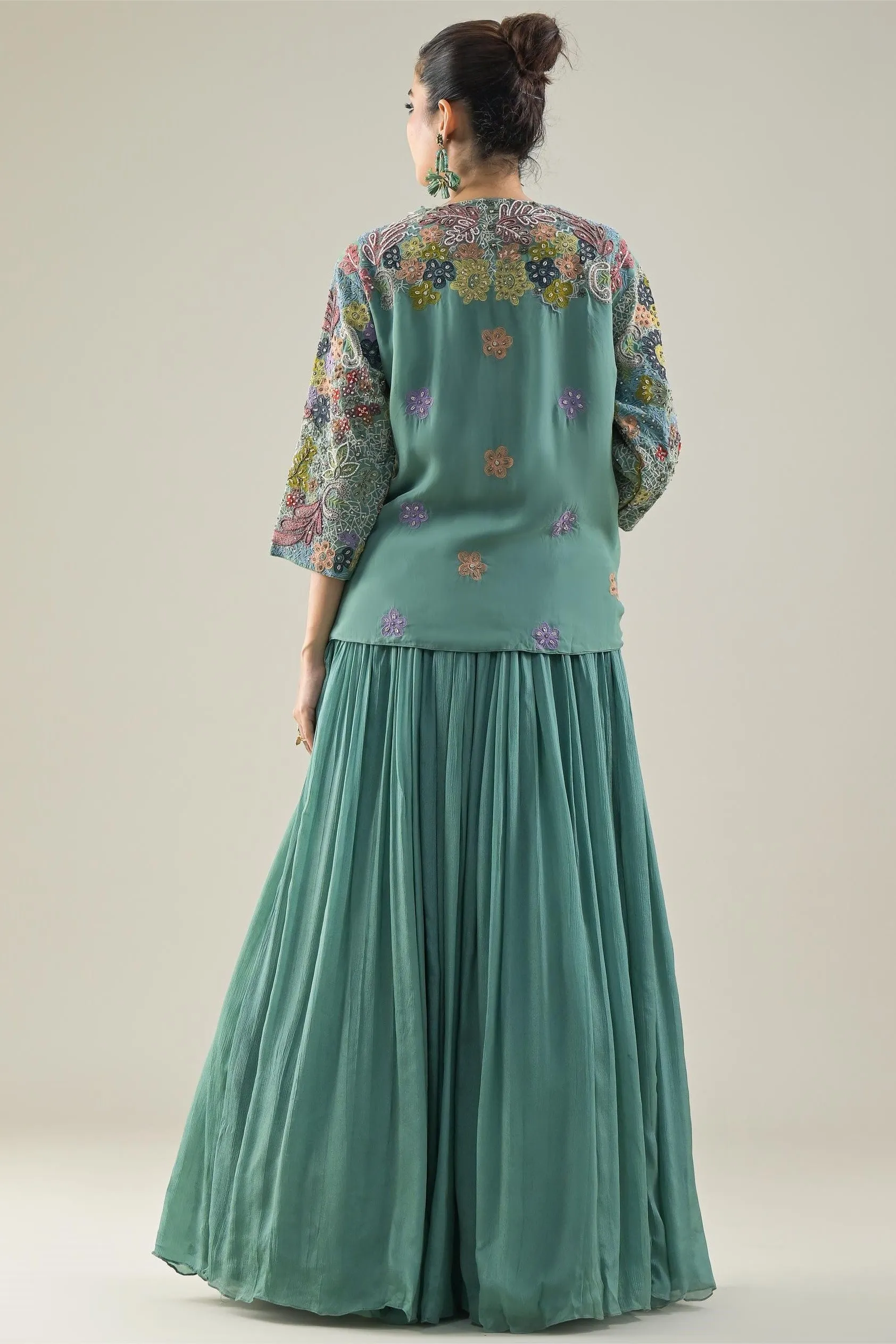 Light Turquoise Embroidered Organza Silk Jacket-Skirt Set