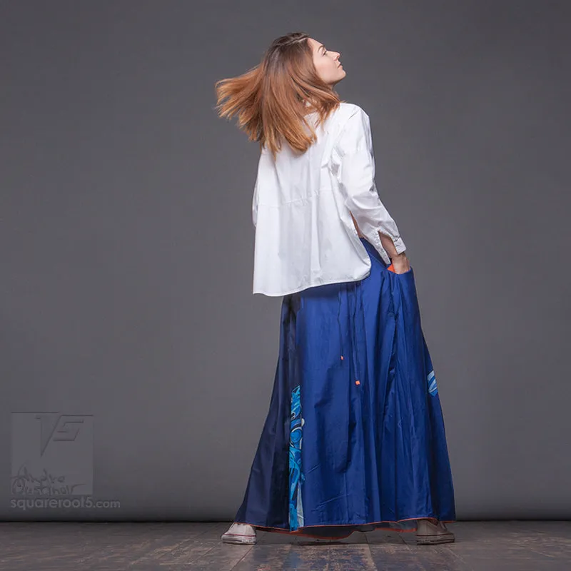 Long cotton skirt "Samurai Girl" model: "Solar Monochrome Blue"