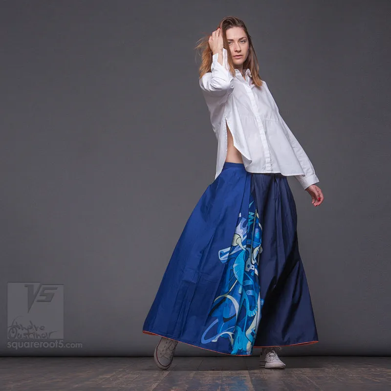 Long cotton skirt "Samurai Girl" model: "Solar Monochrome Blue"