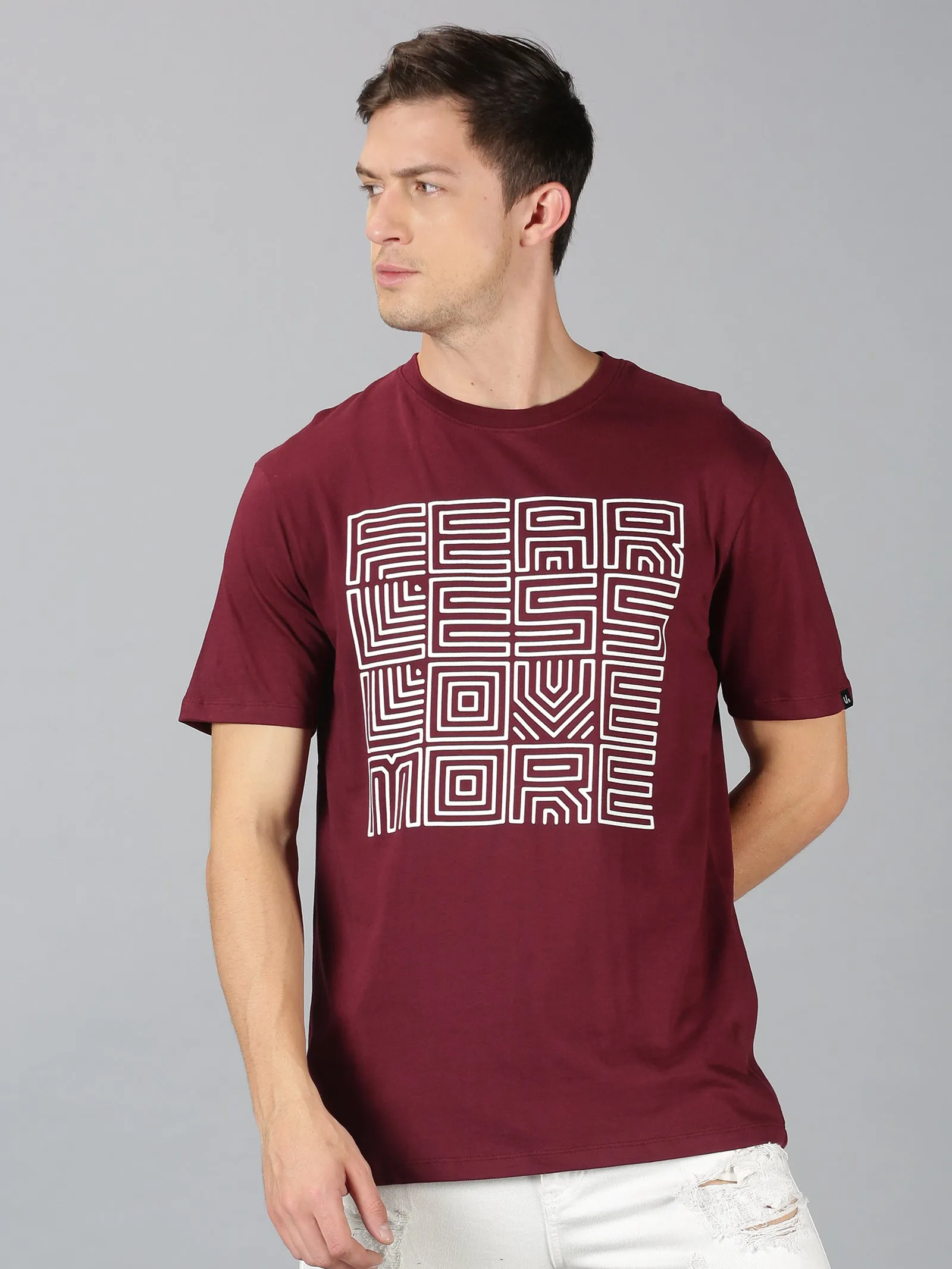 Men Maroon White Trendy Typographic Printed Round Neck Organic Pure Cotton Half Sleeve Regular Fit Casual T-Shirt